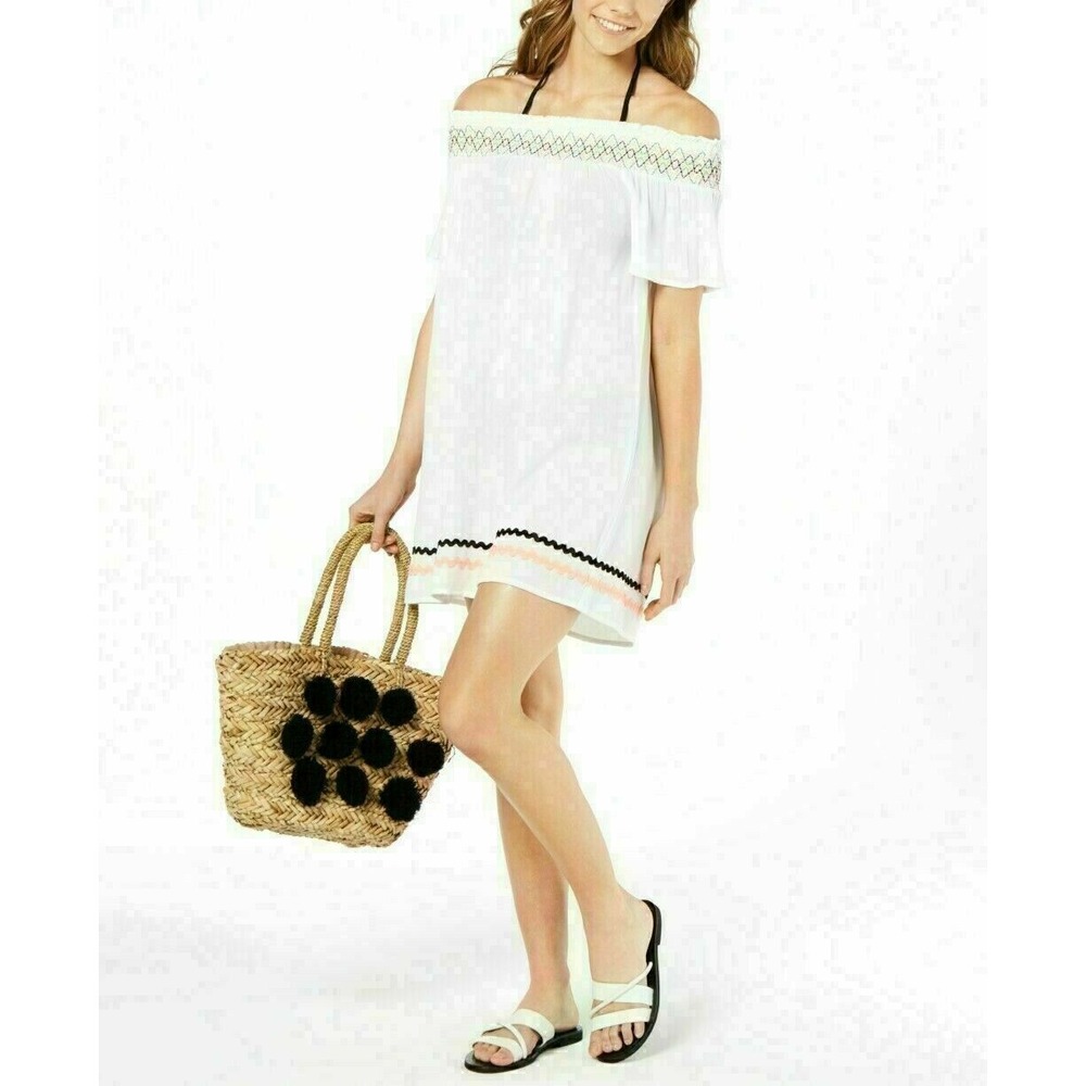 Miken Embroidered Off-The-Shoulder Swimsuit Cover-Up Dress Size XS White NEW